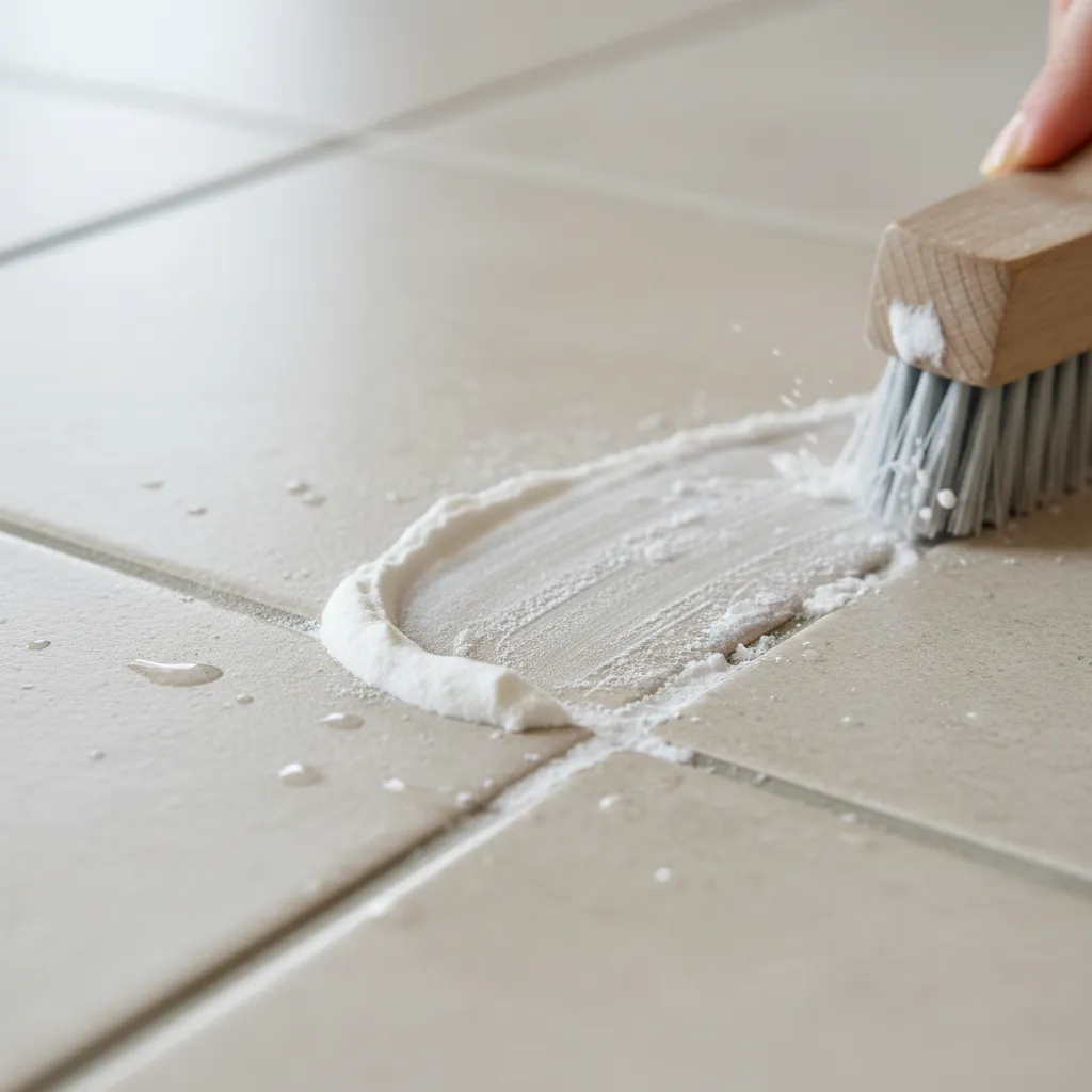 Cleaning stained kitchen tile grout with baking soda paste and brush