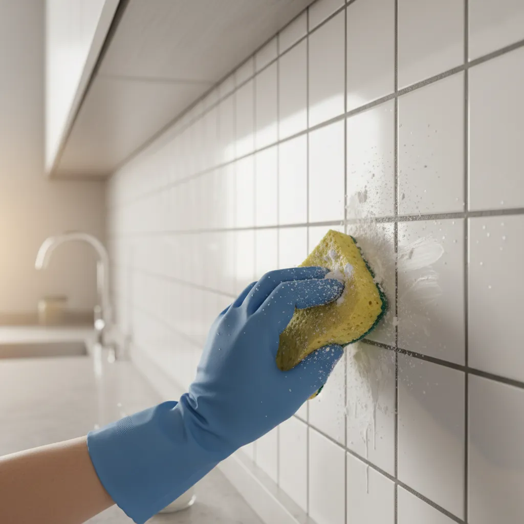 Cleaning stubborn grease stains from kitchen tile backsplash with sponge