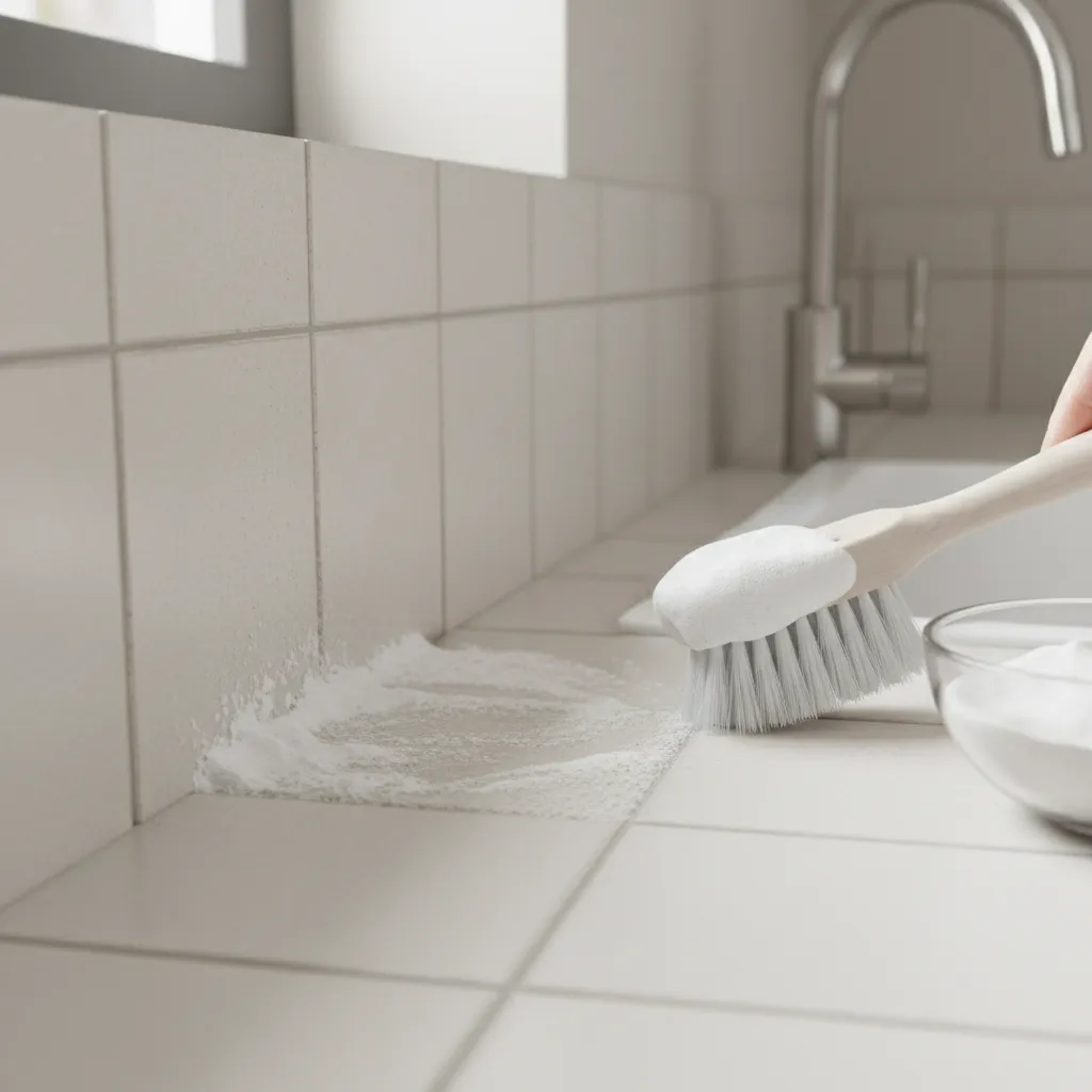 cleaning dark grout lines between kitchen tiles with small brush