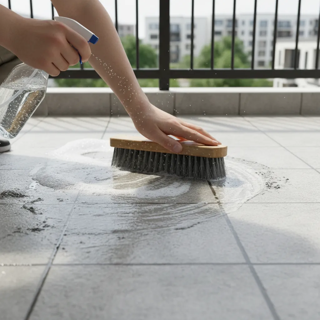Person scrubbing mold from balcony tiles with brush and cleaning solution