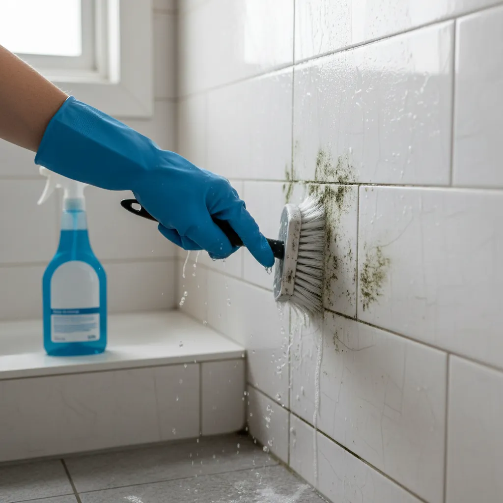 Scrubbing mold from shower tile grout with a grout brush