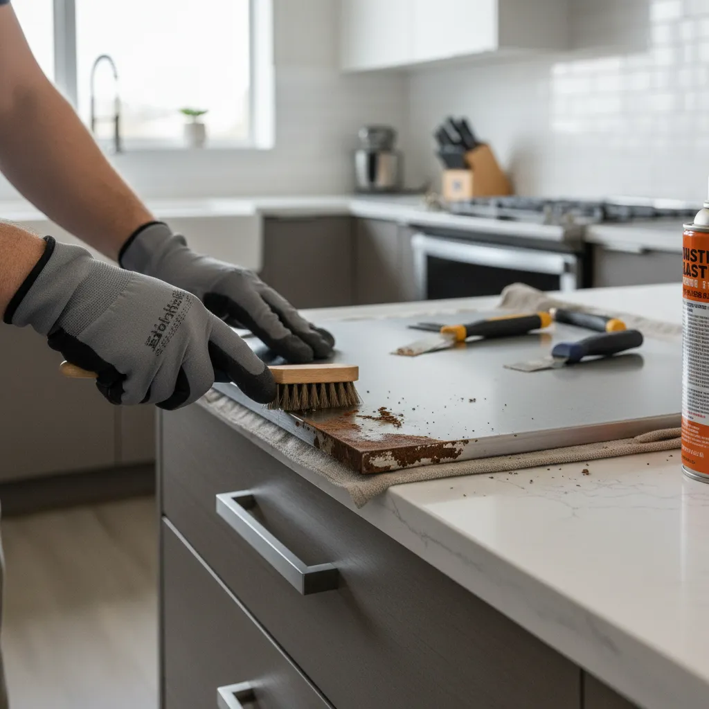 Person wearing protective gloves scrubbing brown rust off a grey metal surface with small brush