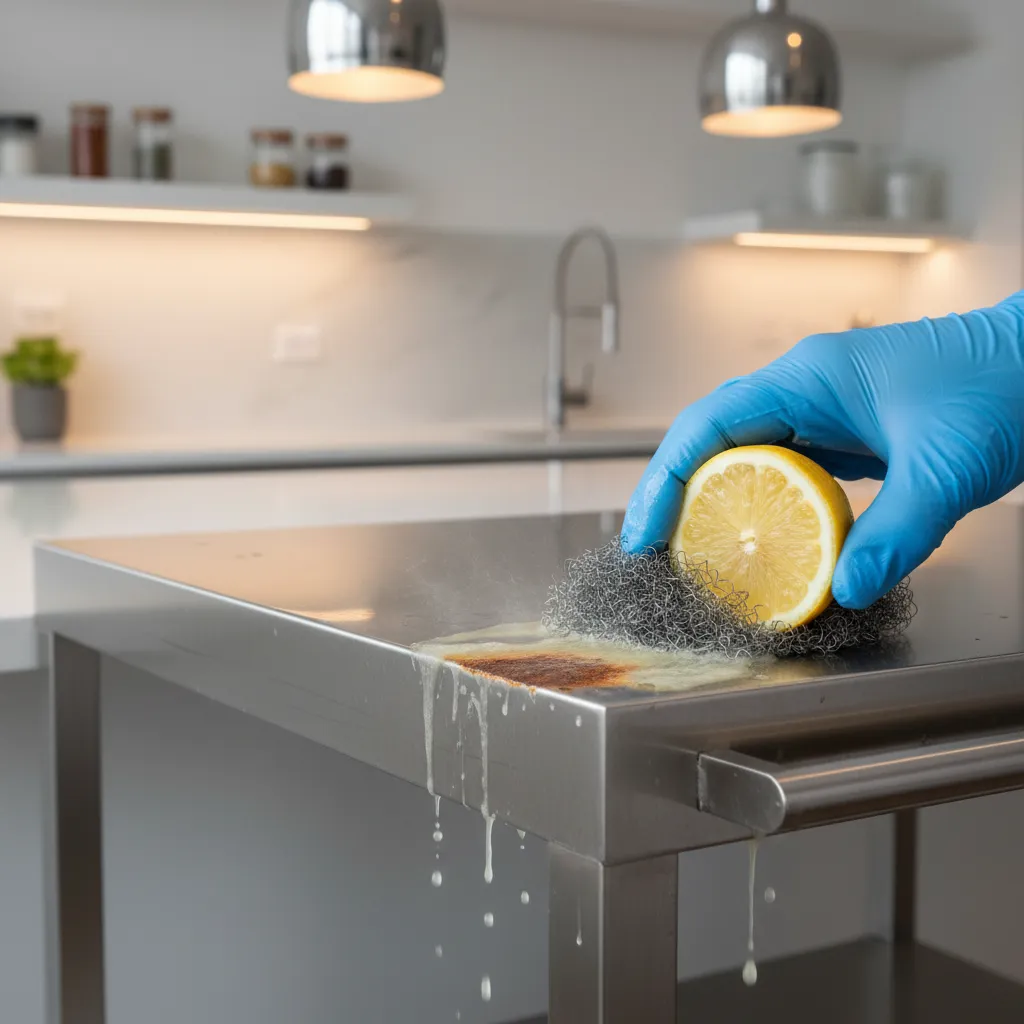 Using fine steel wool to remove rust from stainless steel kitchen cart frame