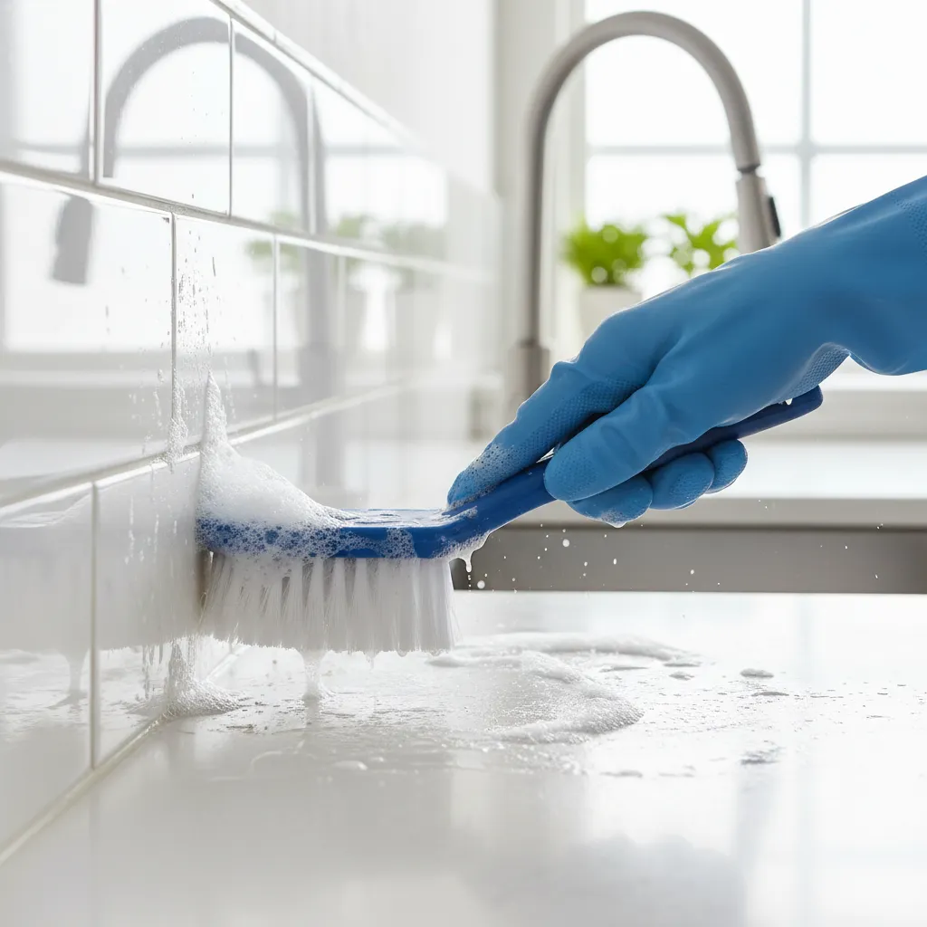 Scrubbing greasy grout lines between kitchen tiles