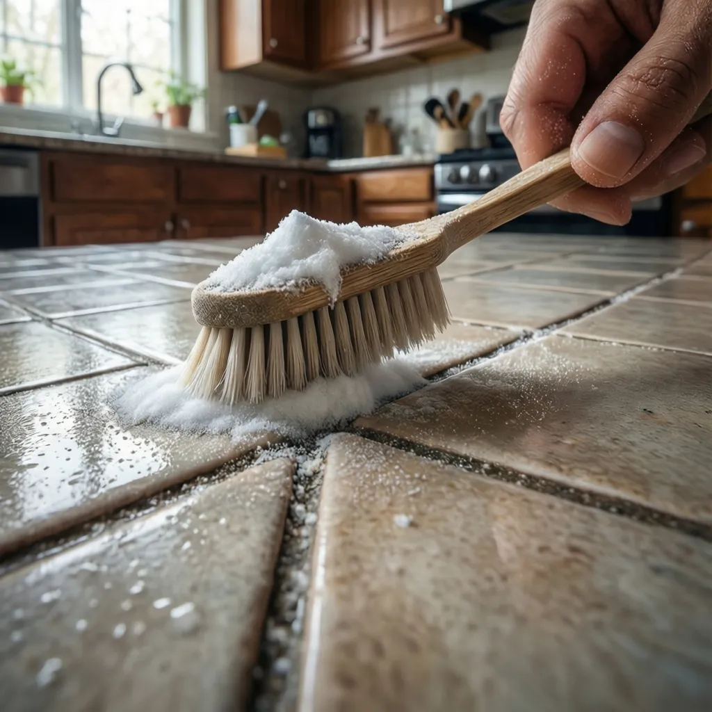 Person using a wooden brush and white cleaning powder to scrub gaps between kitchen tiles