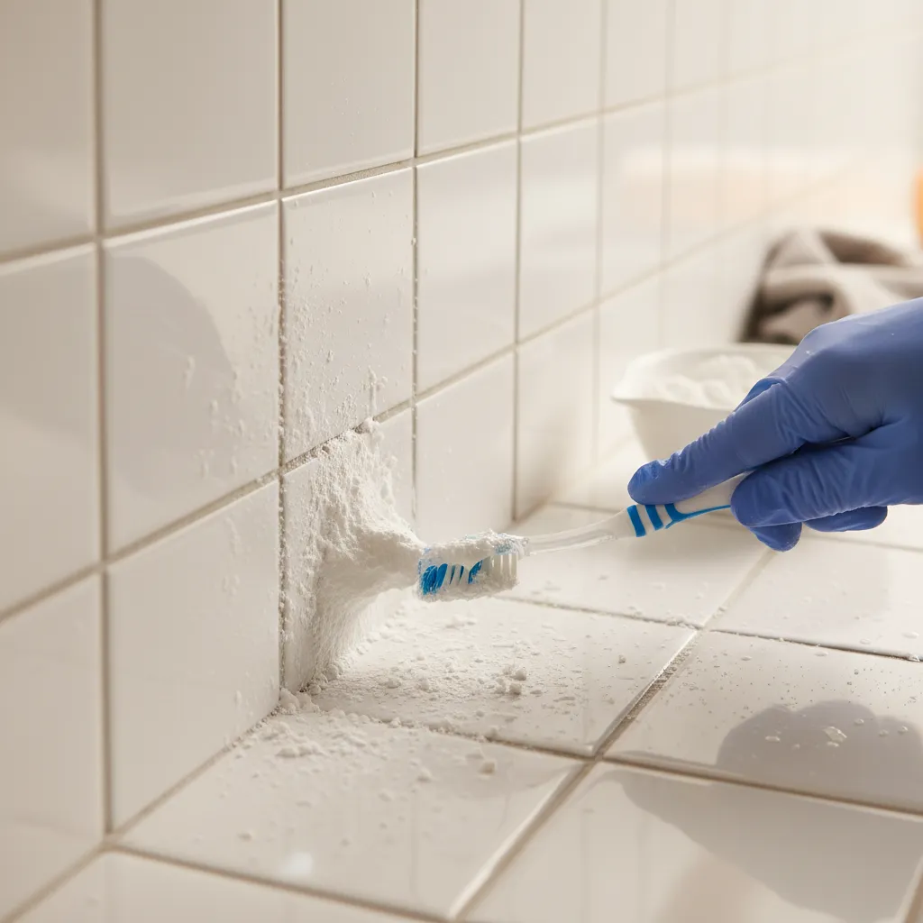 Cleaning tile grout on kitchen backsplash using baking soda paste