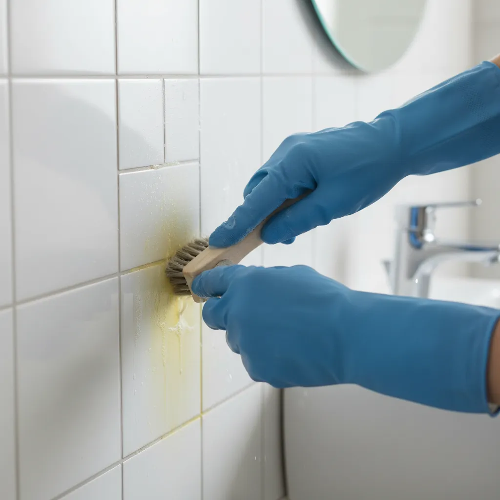Hand scrubbing bathroom tiles with brush to remove yellow stains