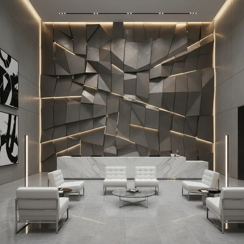 Sculptural 3D wall installation in a modern commercial interior lobby