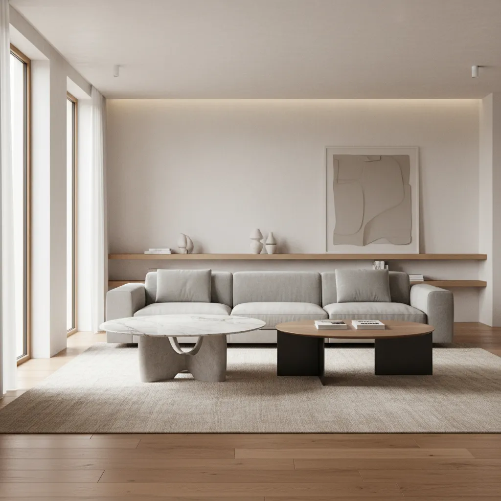 Living room with sculptural base centre table and modern sofa arrangement