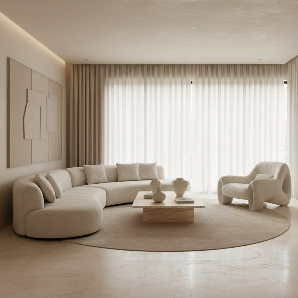 Neutral living room with curved sofa and sculptural furniture in nude tones