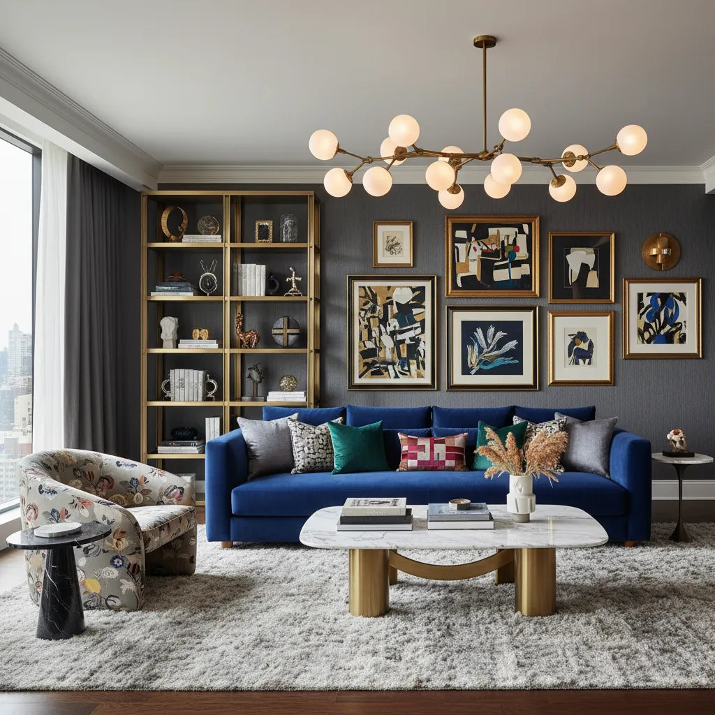 Sala de estar con mobiliario escultórico y contrastes de materiales