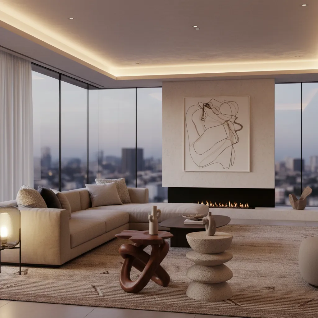 Decorative sculptural stools used as accent furniture in a living room