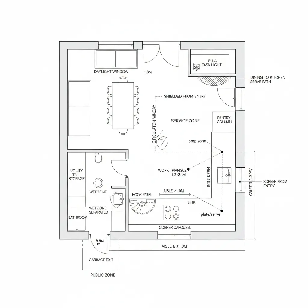 Top-down CAD plan with SE kitchen, south utility, and NE puja alcove