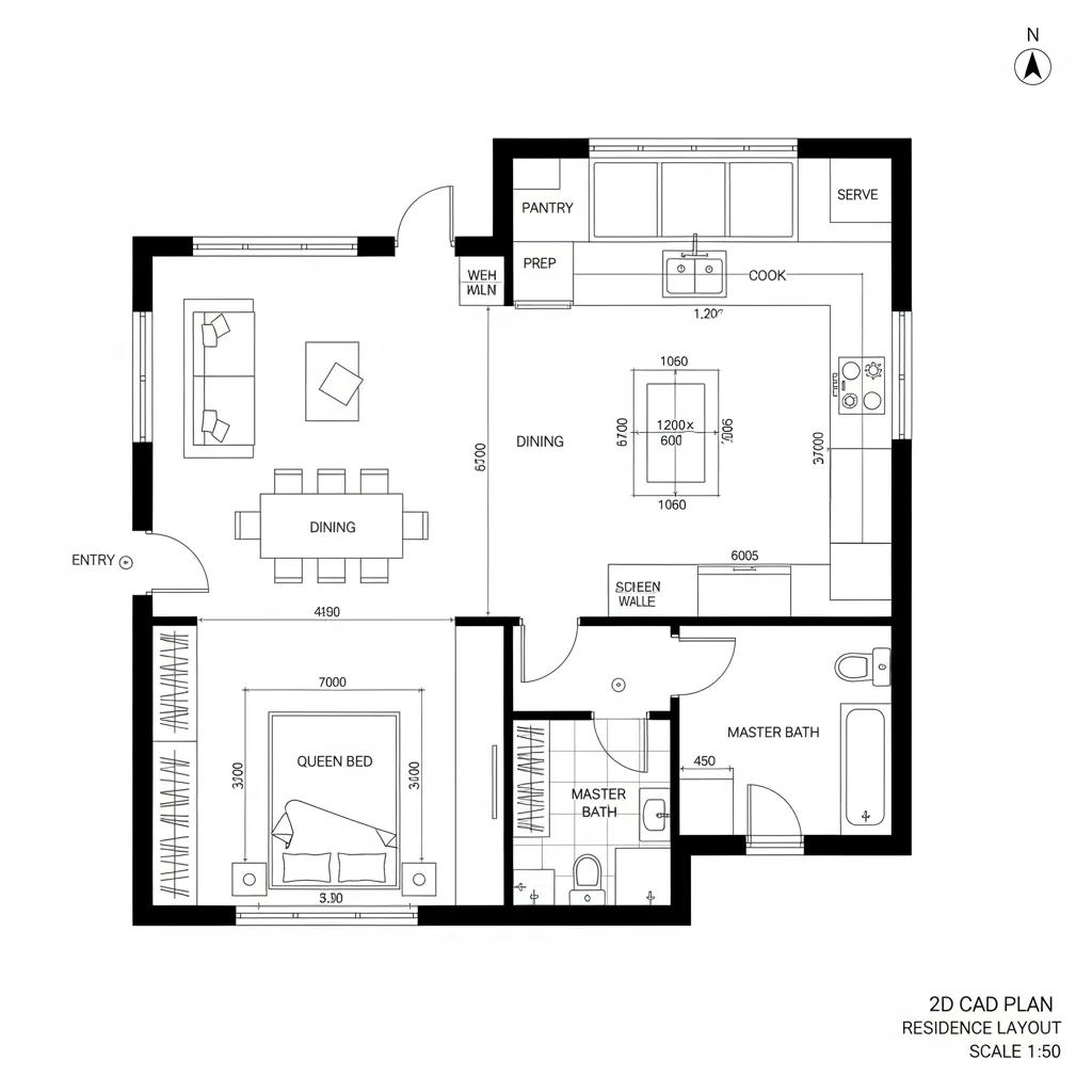Detailed interior design drawing of a one bedroom apartment with large dining and kitchen areas