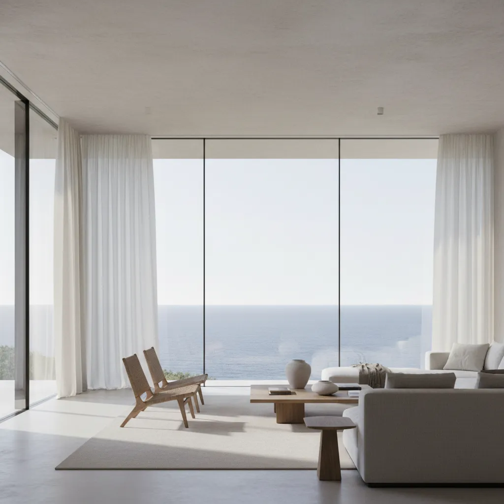 Modern minimalist living room with large glass windows showing sea view white sofas and chairs
