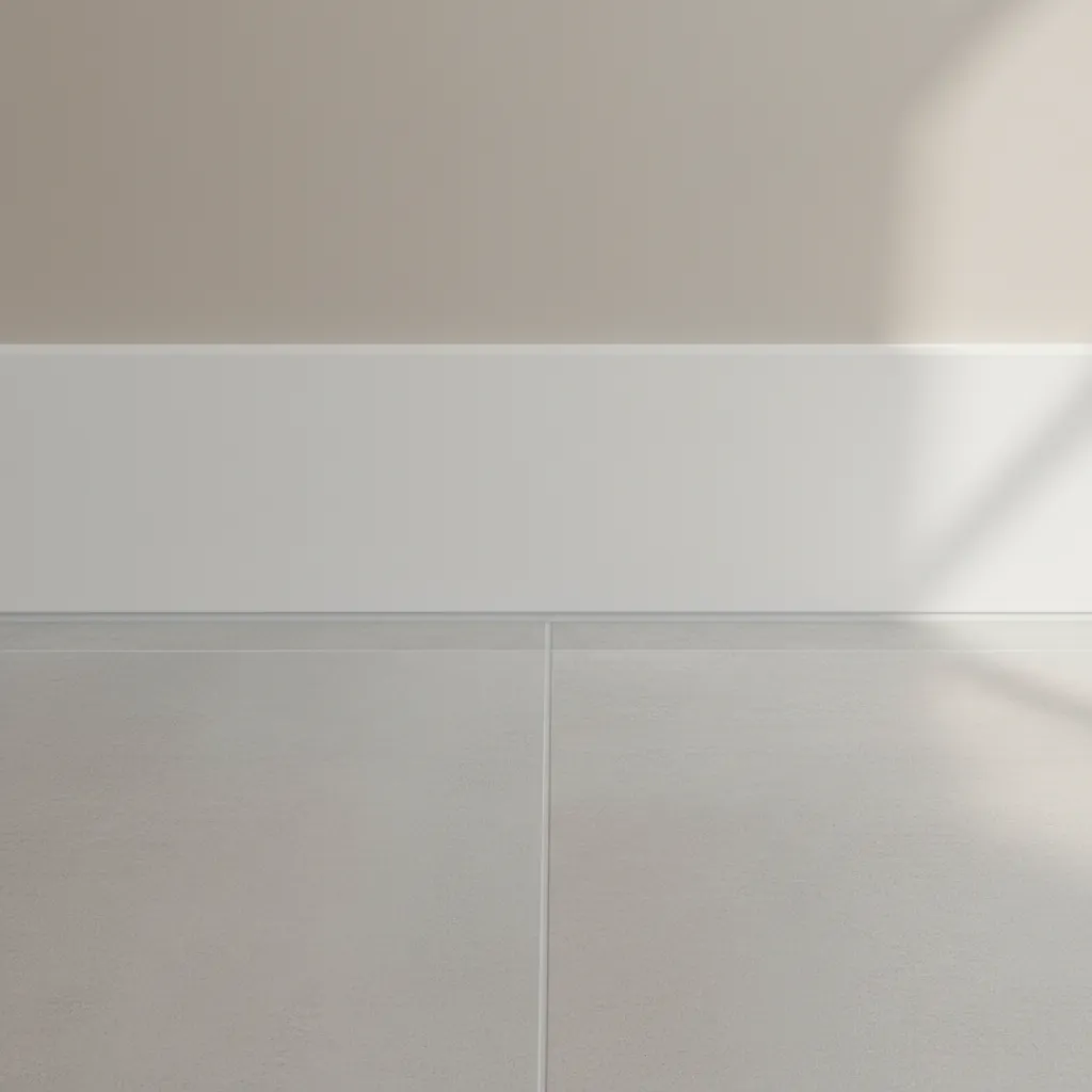 finished waterproof bathroom baseboard with smooth caulk seam and clean tile floor