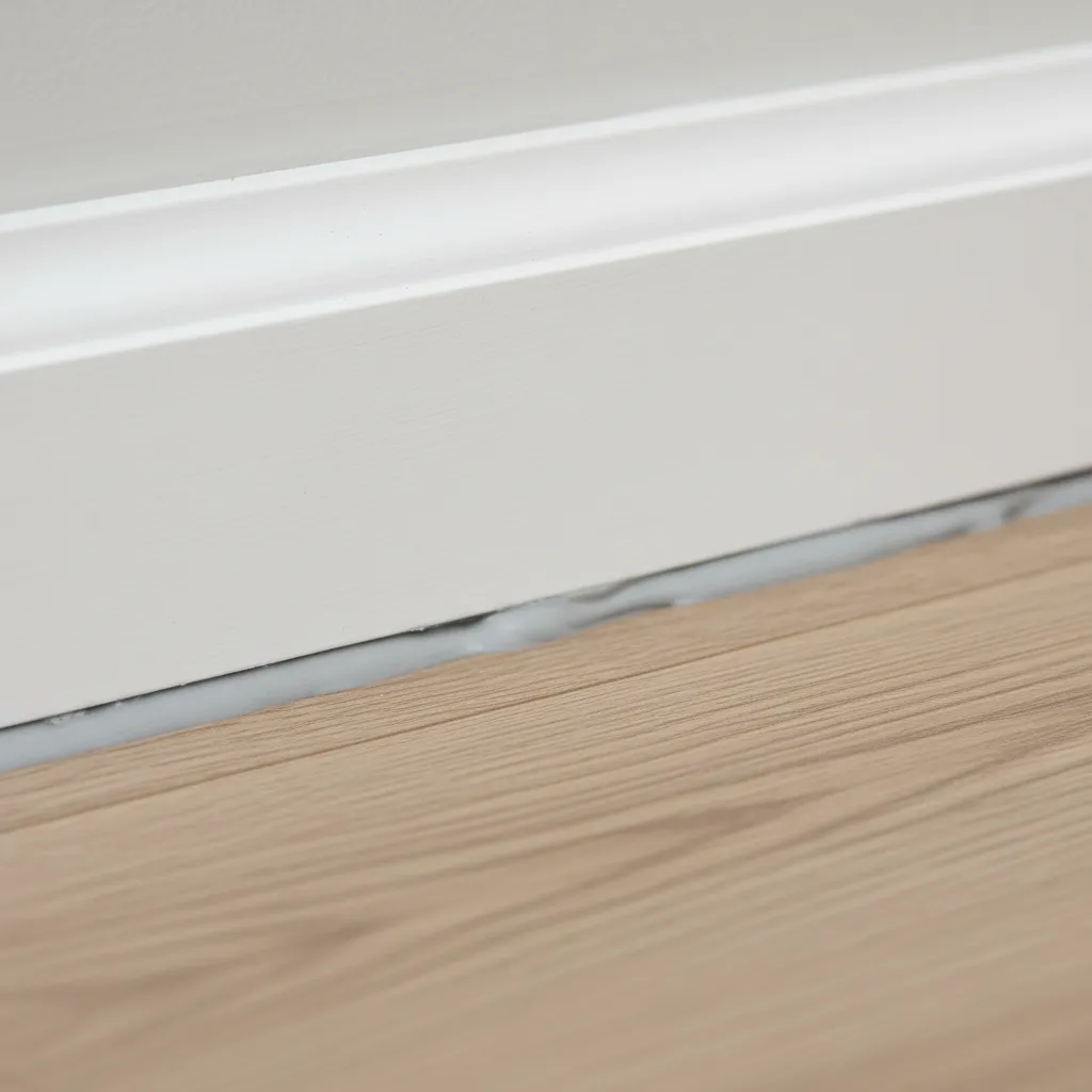 Close-up of bathroom floating floor expansion gap sealed with silicone
