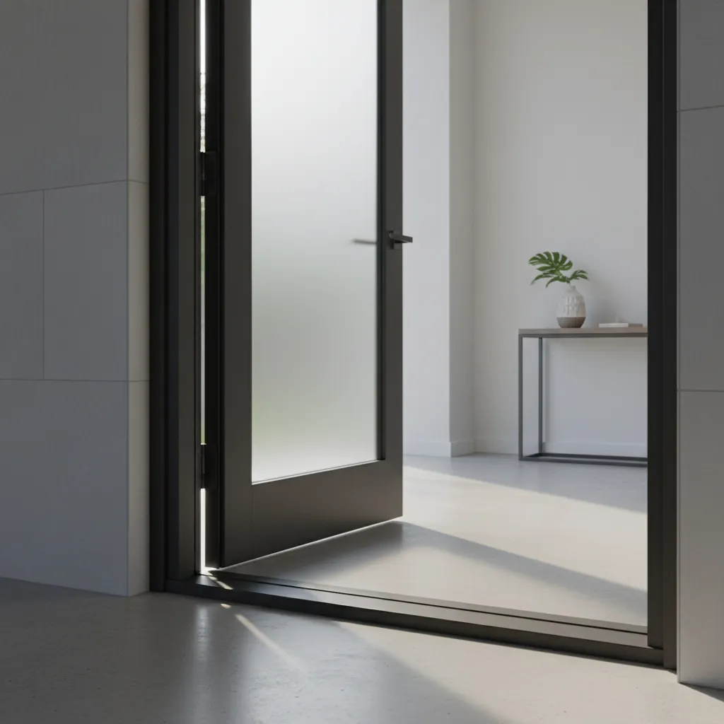 Exterior door bottom showing sweep sealing against threshold