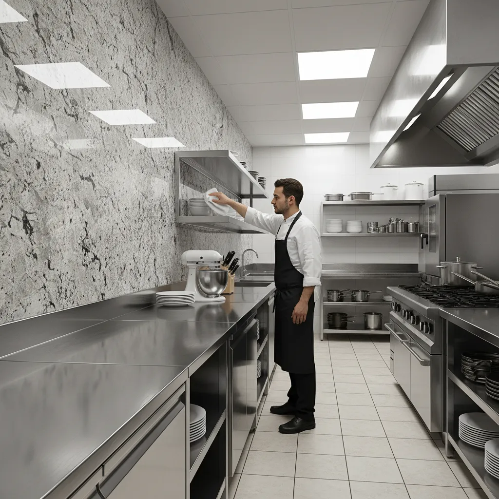 chef cleaning sealed granite backsplash in professional kitchen
