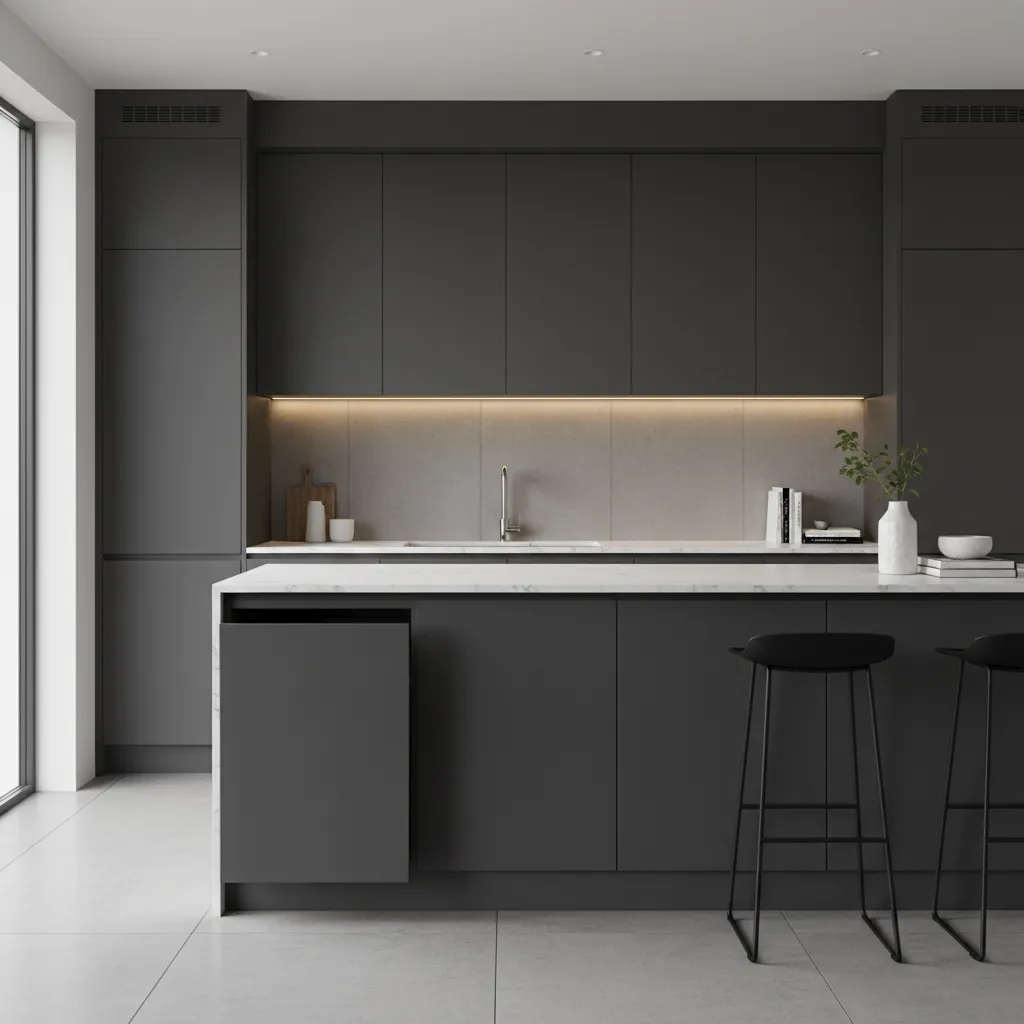 Modern kitchen cabinets with sealed edges and integrated trash bin design