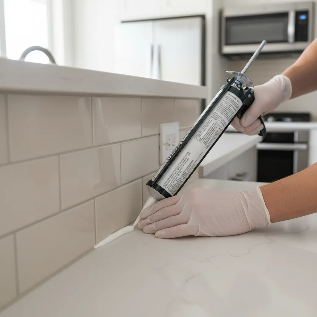 sealing small gaps between kitchen backsplash and countertop with caulk