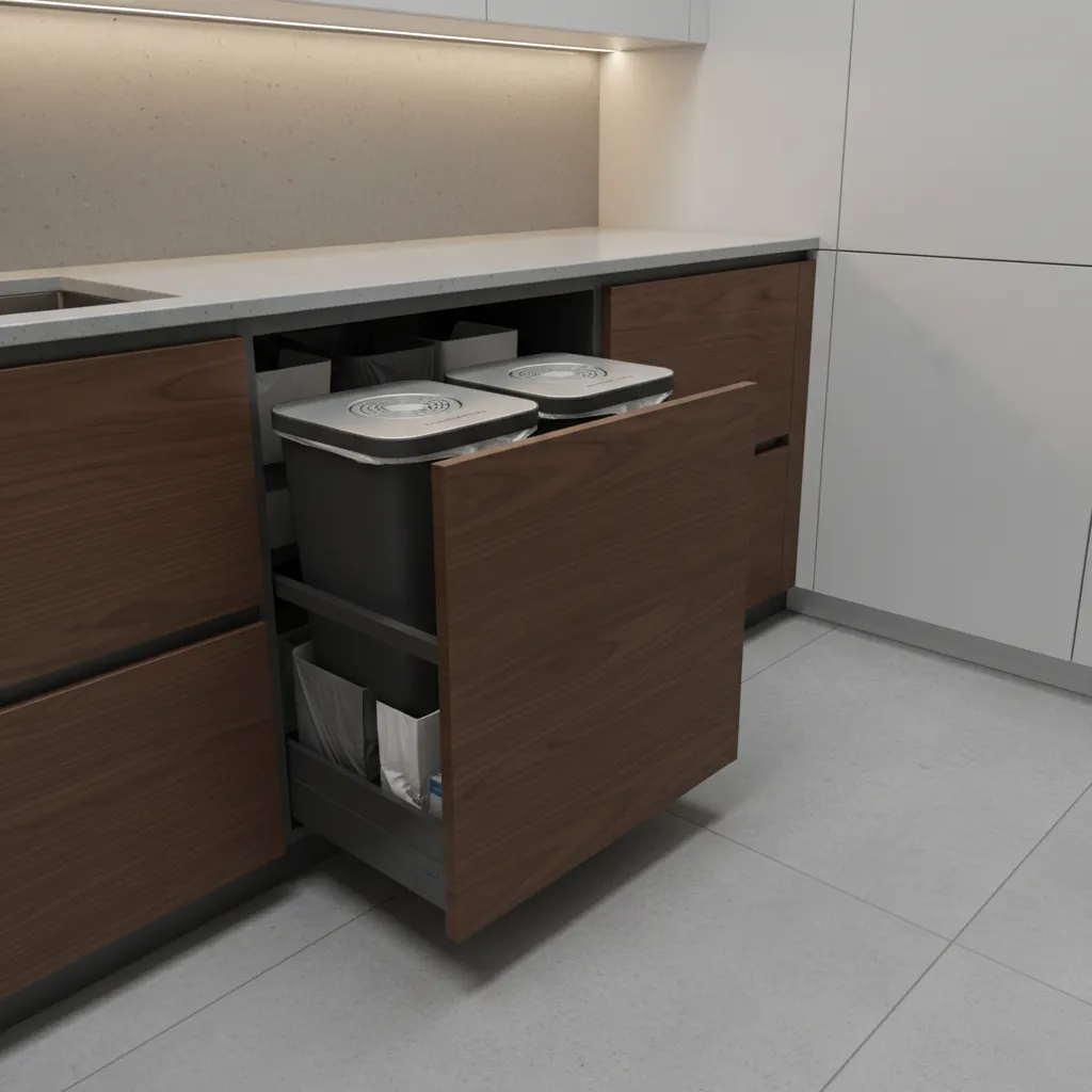 modern sealed kitchen trash bin system with odor filter