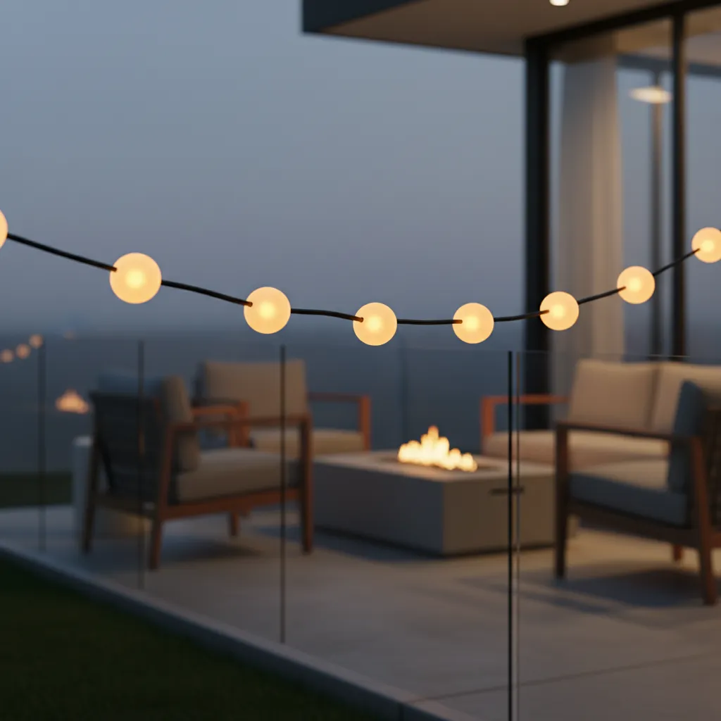 Close up of sealed LED patio string lights with integrated bulbs
