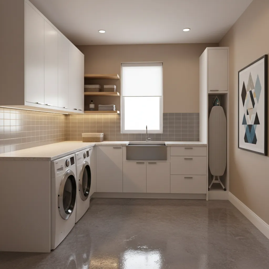 Finished sealed painted floor in modern laundry room interior