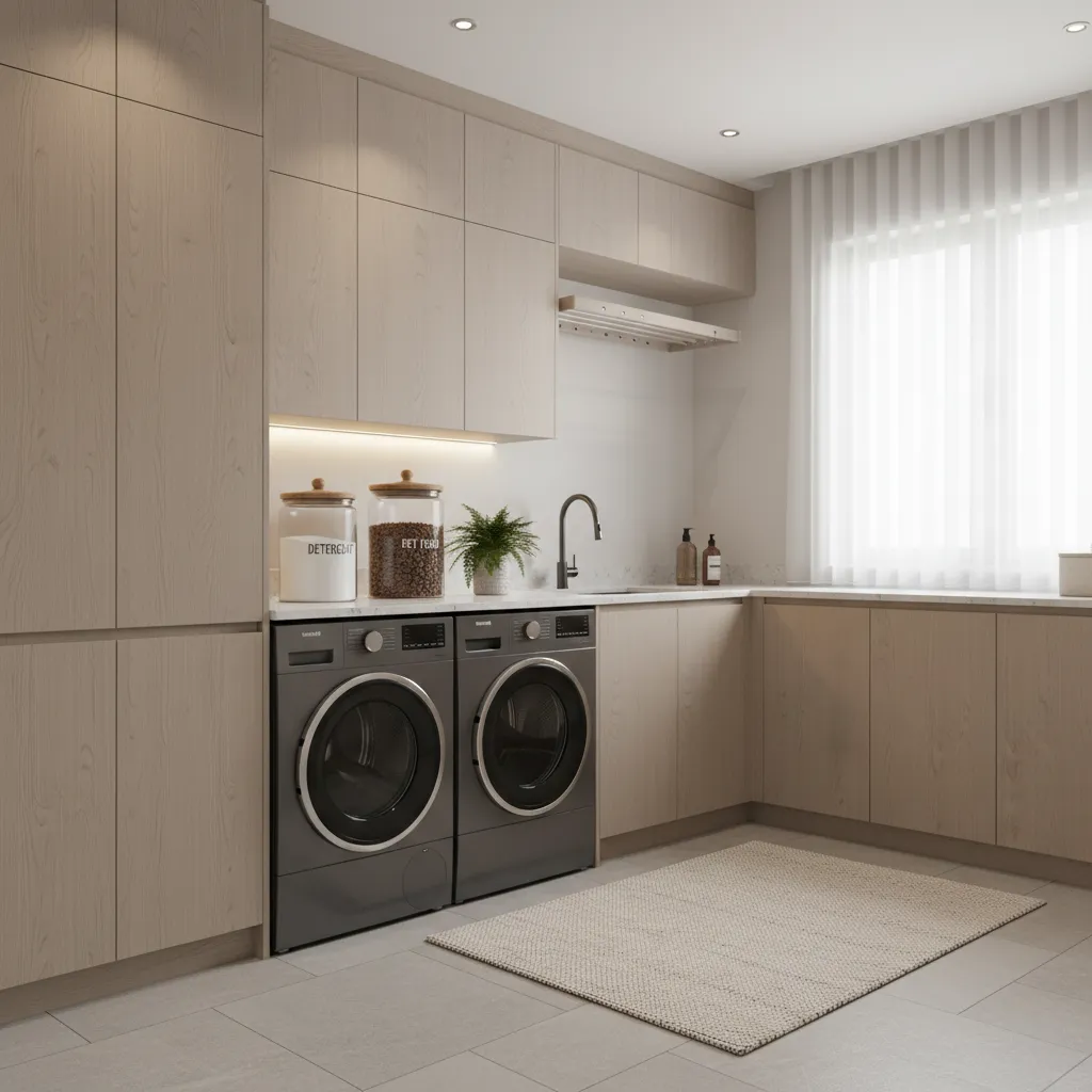 Modern laundry room with light wood cabinets laundry machines large window white curtains and rug
