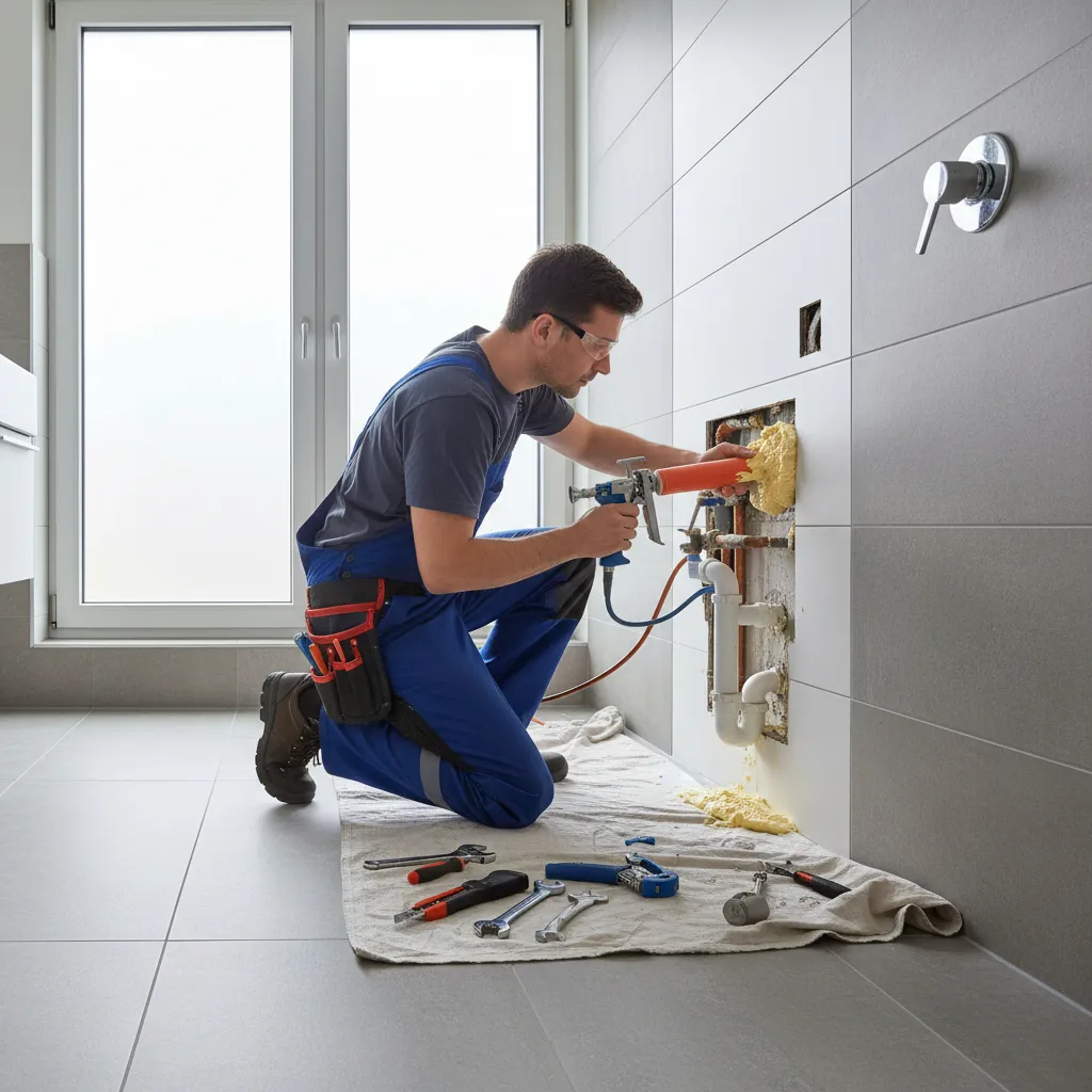 Maintenance worker sealing pipe penetration in apartment bathroom wall to prevent pests