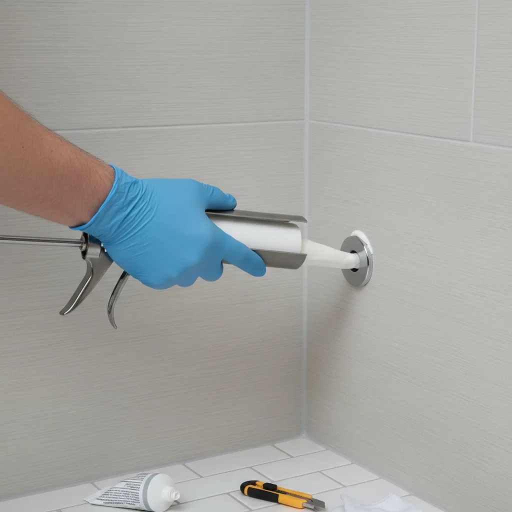 Hand applying silicone caulk around bathroom pipe entry point in wall to seal gaps