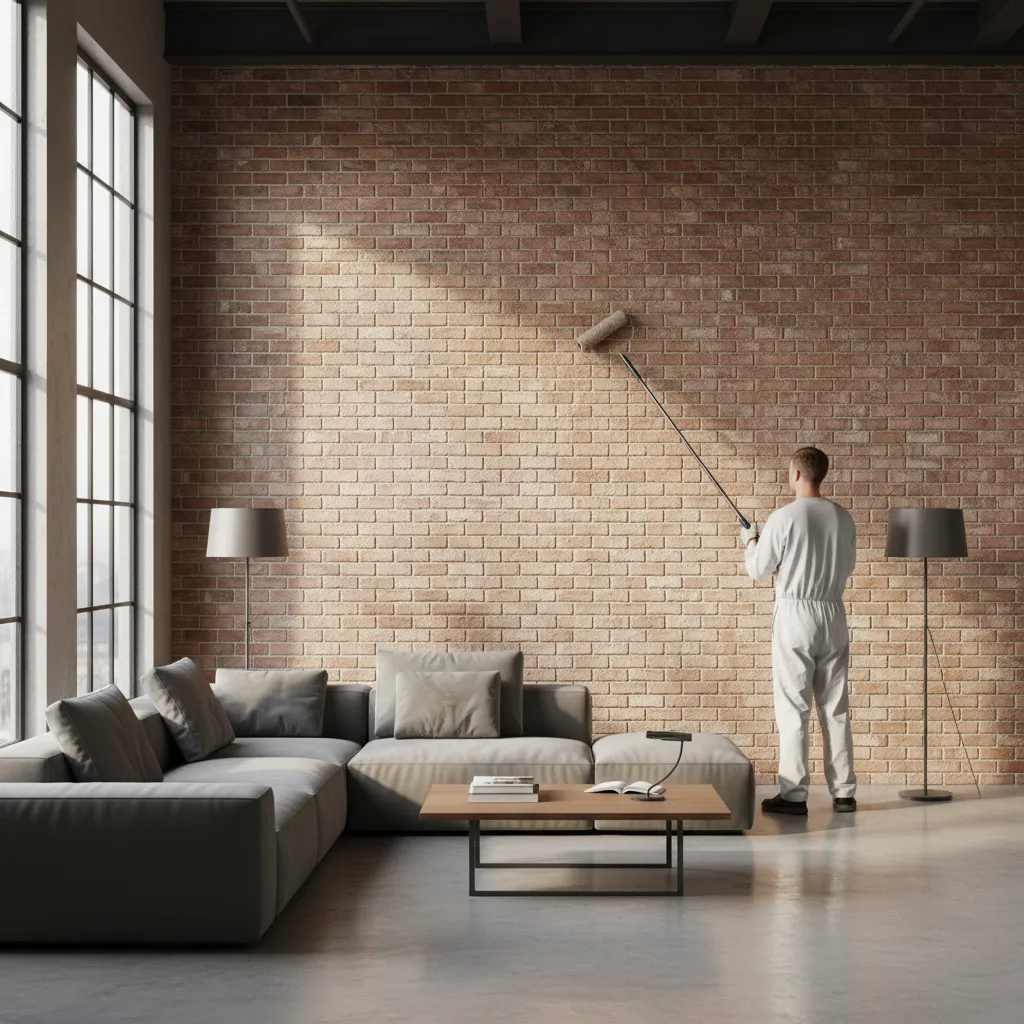 applying protective sealer to exposed brick wall inside a home