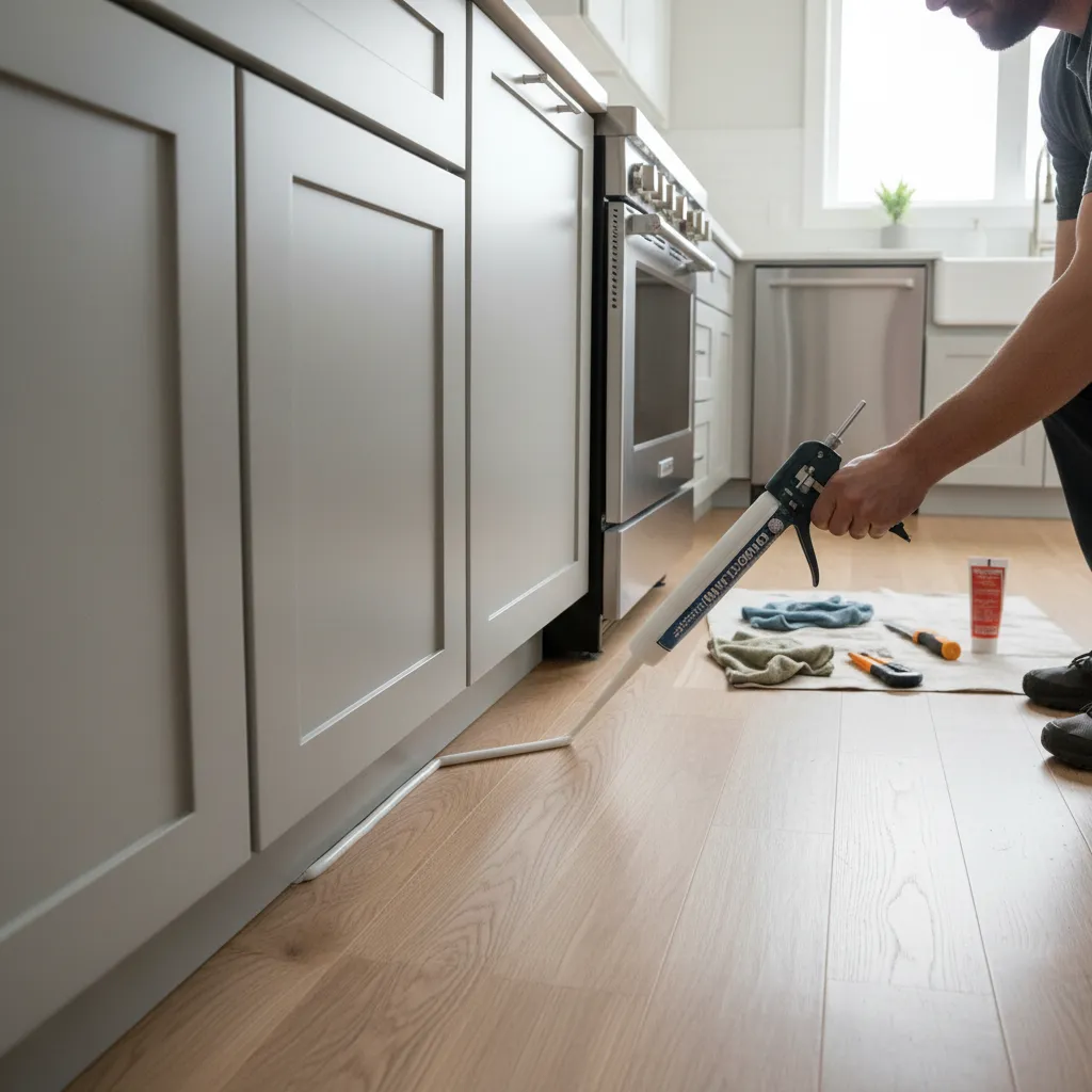 Applying silicone sealant to gap under kitchen cabinet to block ants