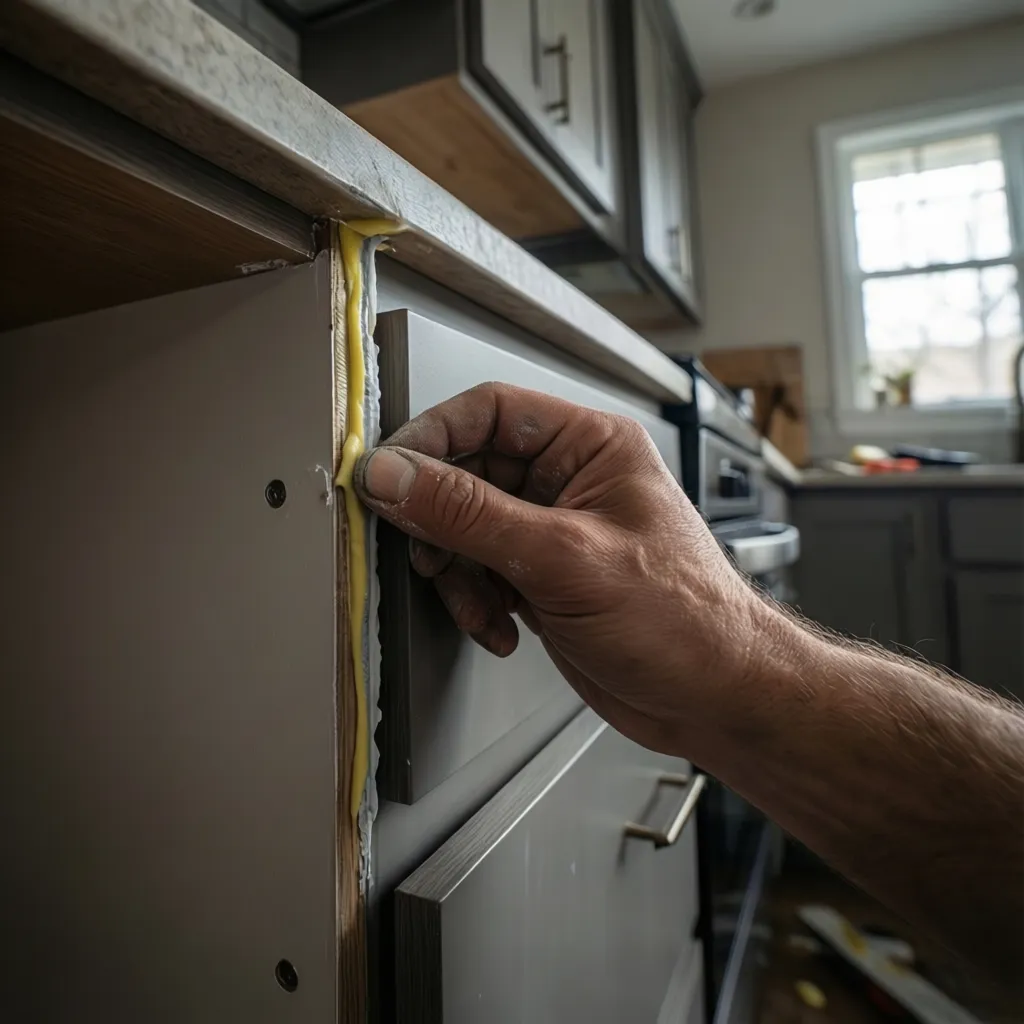 sealing cracks along kitchen cabinet and wall edges to prevent cockroaches