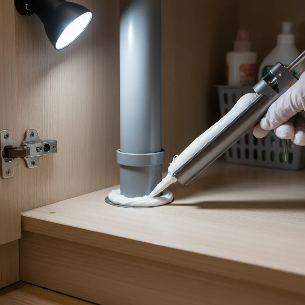 sealing gap around kitchen plumbing pipe with caulk