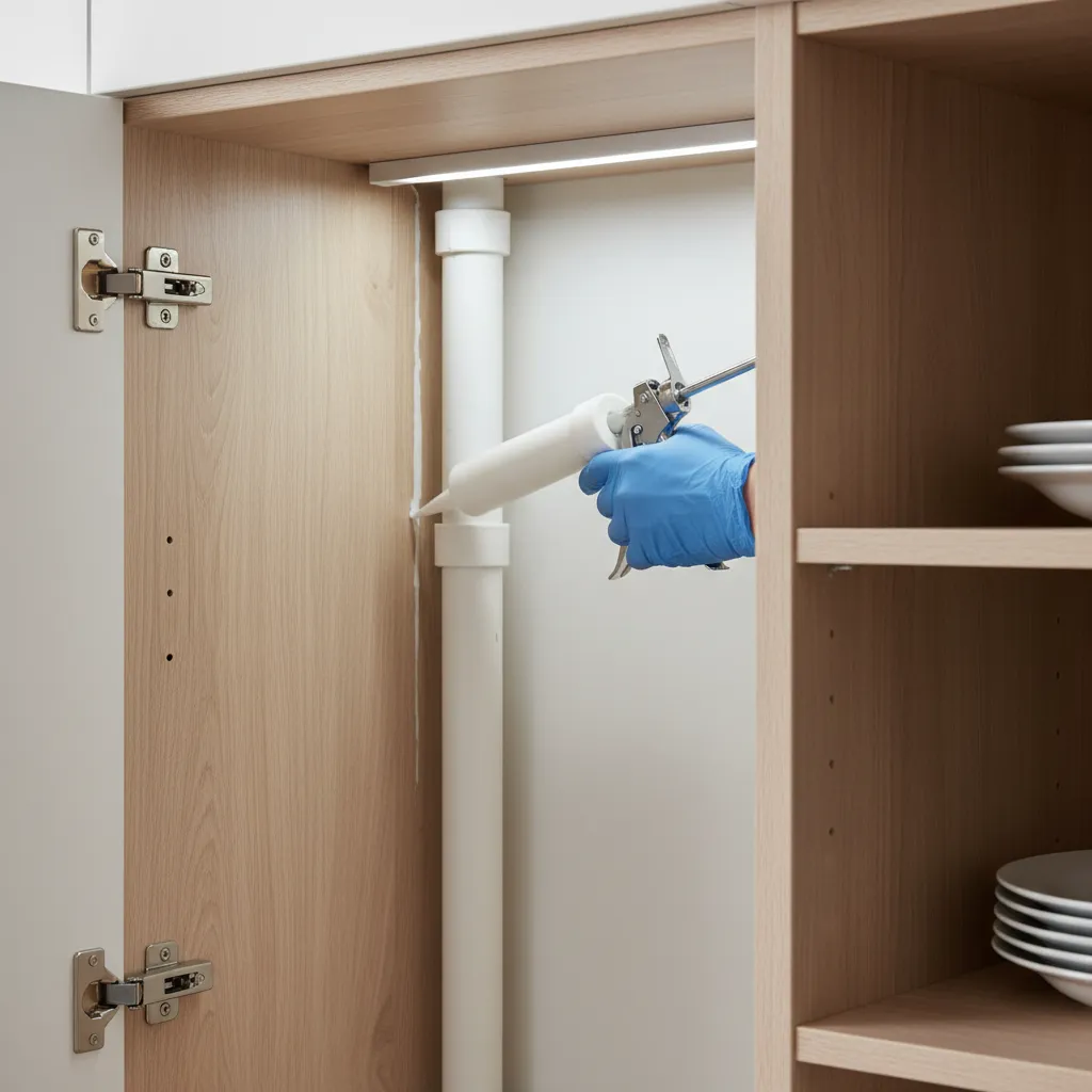 person sealing small wall crack near kitchen pipe with silicone caulk