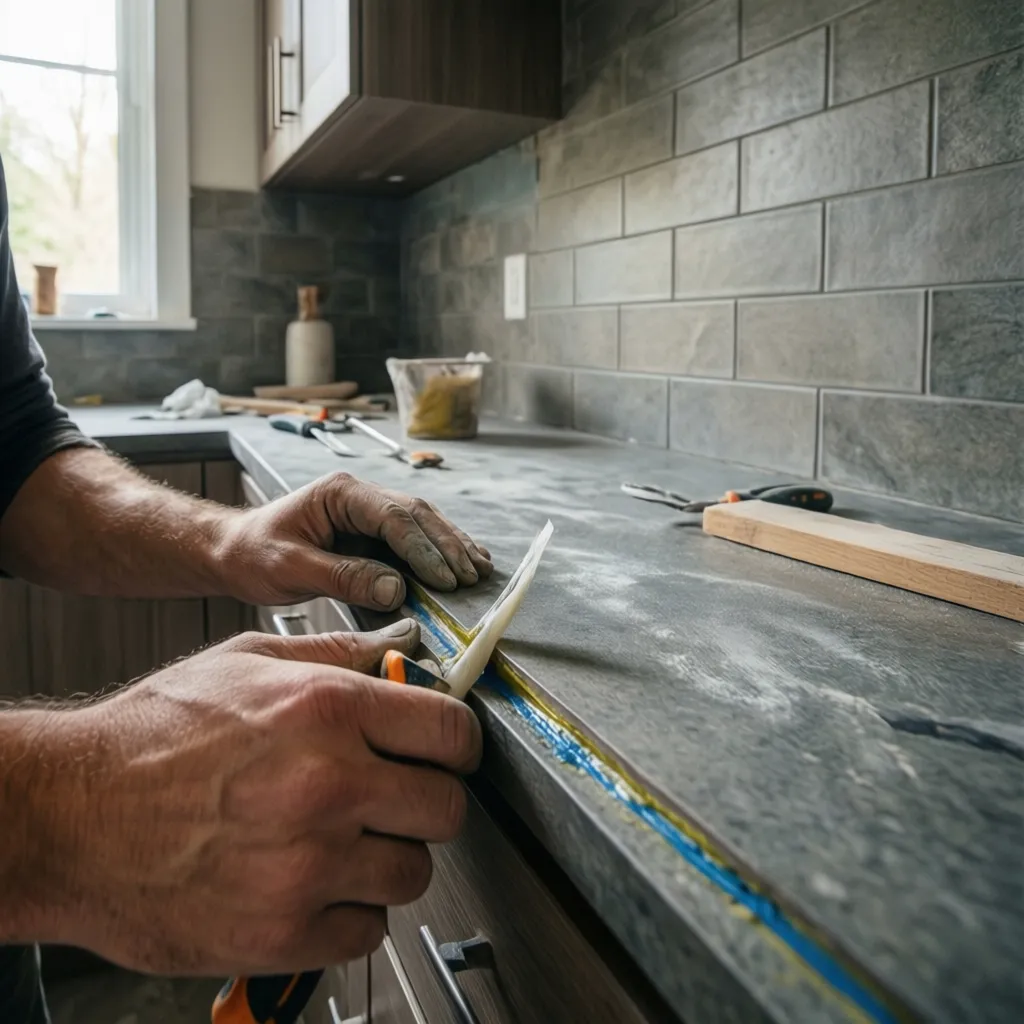 homeowner sealing small gap between kitchen counter and wall with caulk