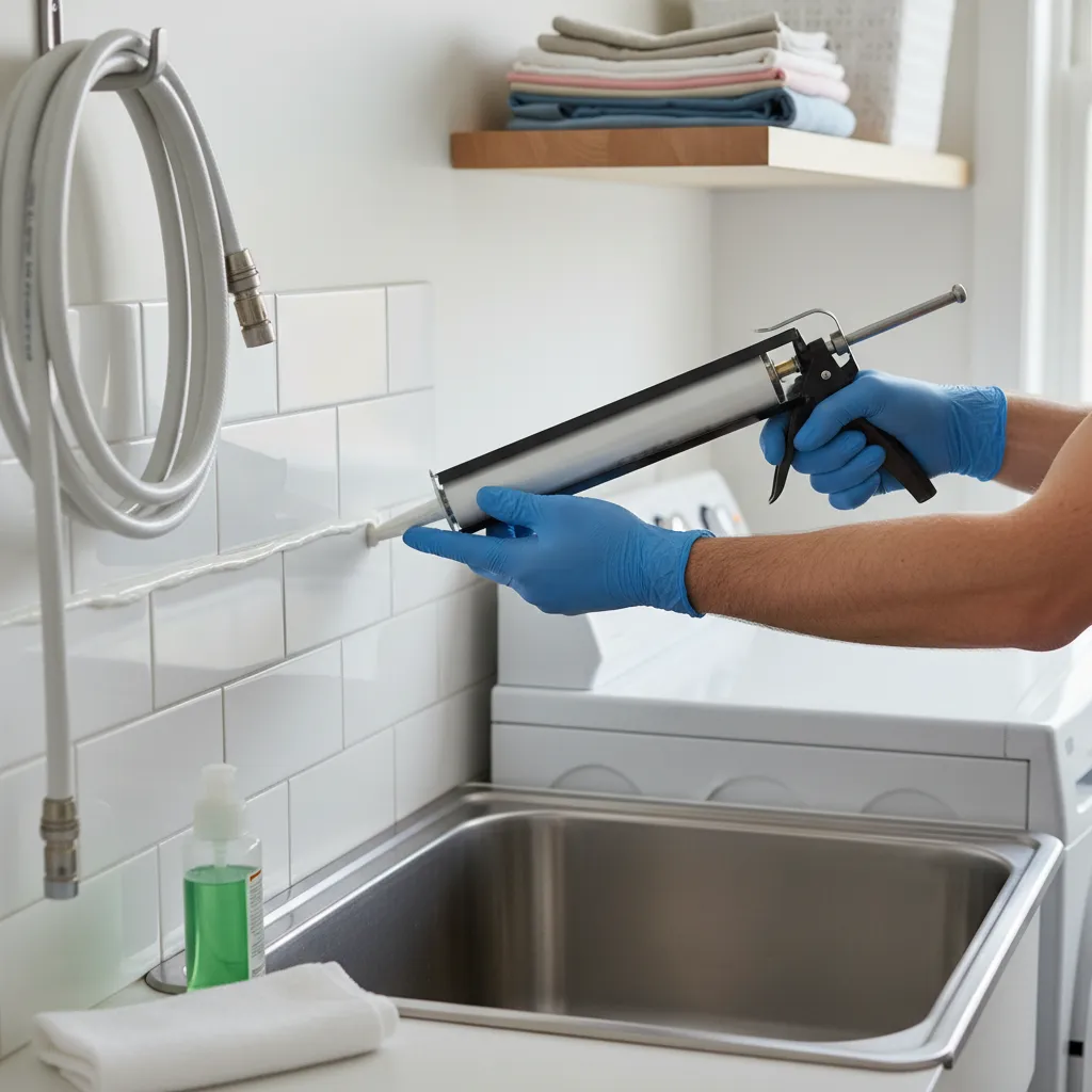 Person wearing blue gloves applies white sealant to wall tiles above a stainless steel laundry sink