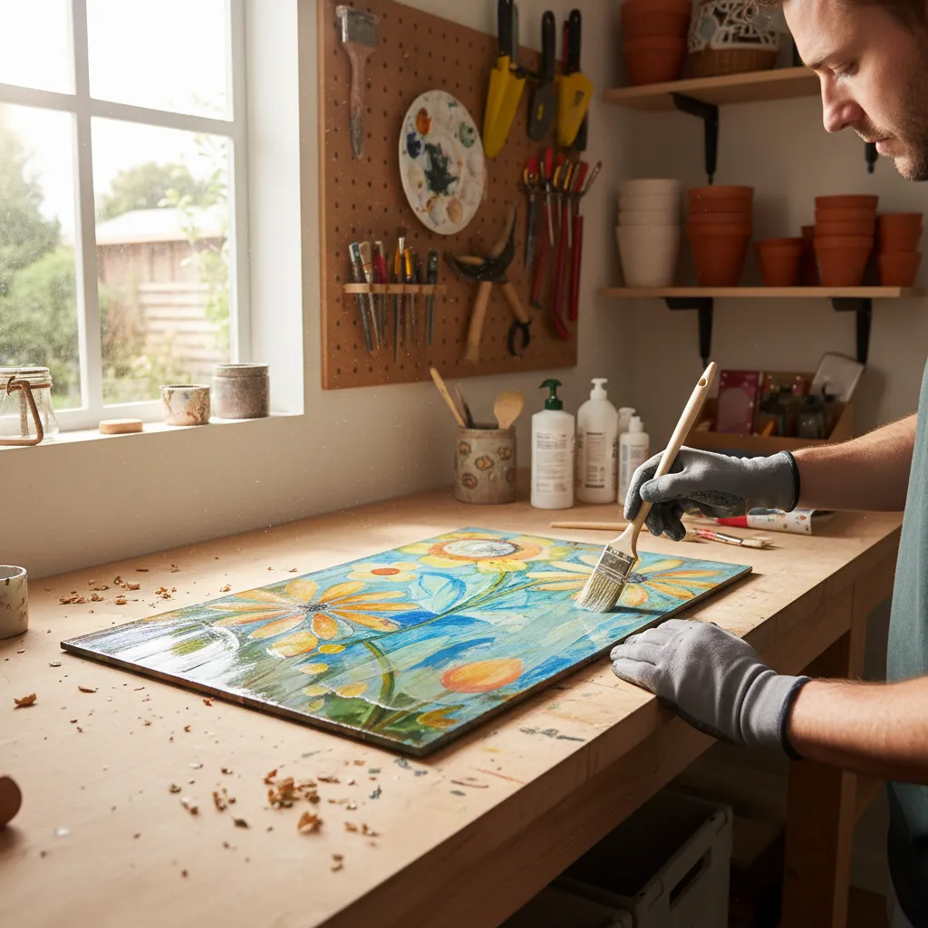 Applying protective clear coat to colorful outdoor decoration to prevent fading