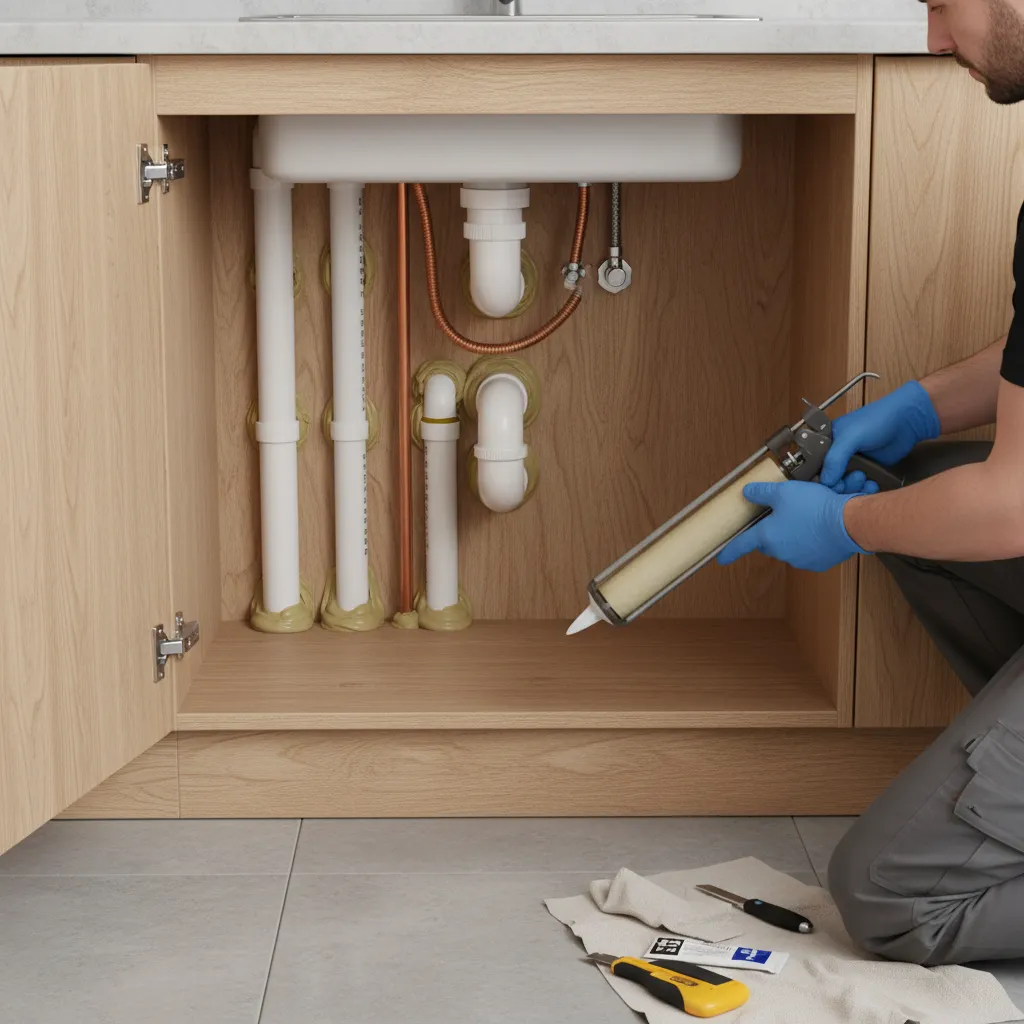 Under sink cabinet with pipe gap sealed using silicone caulk