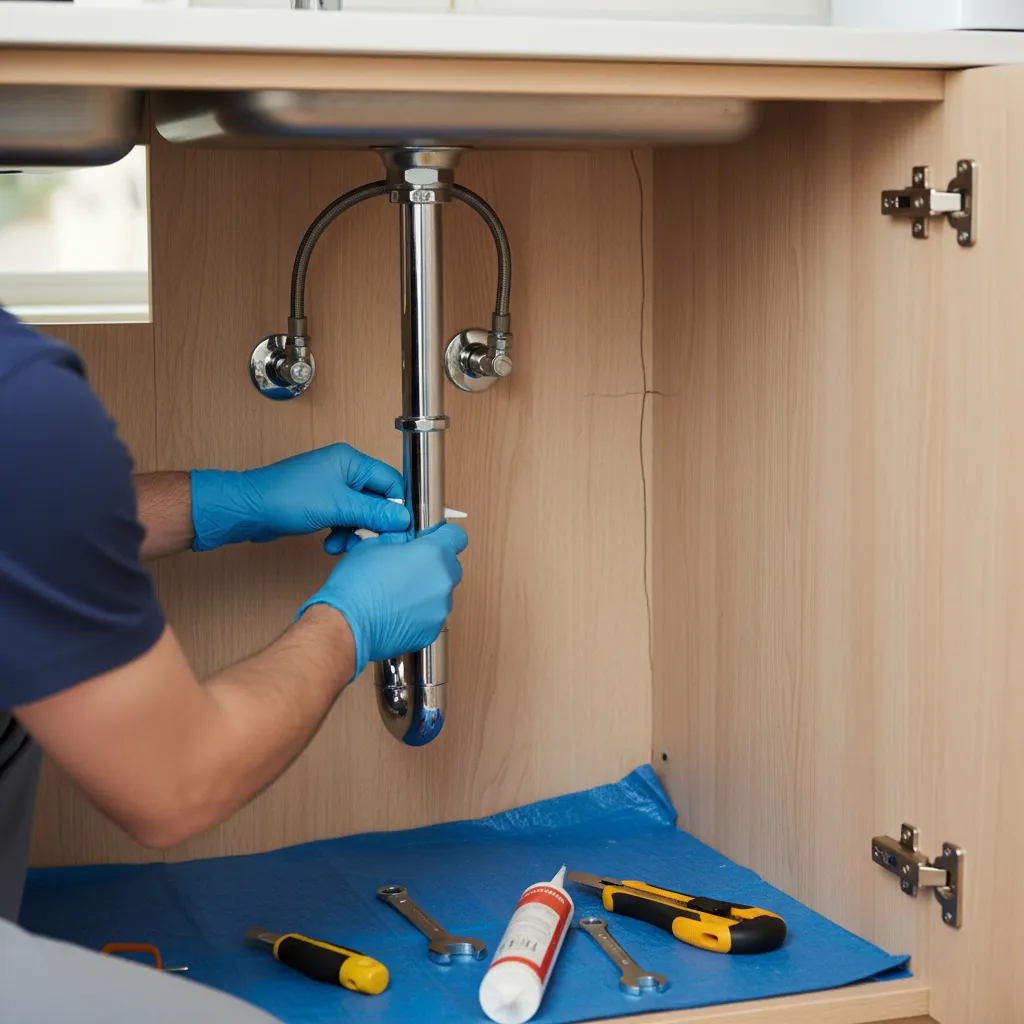 Applying sealant to close small wall gap under kitchen sink