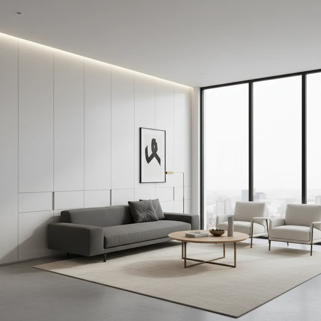 small living room with seamless white corian wall panels