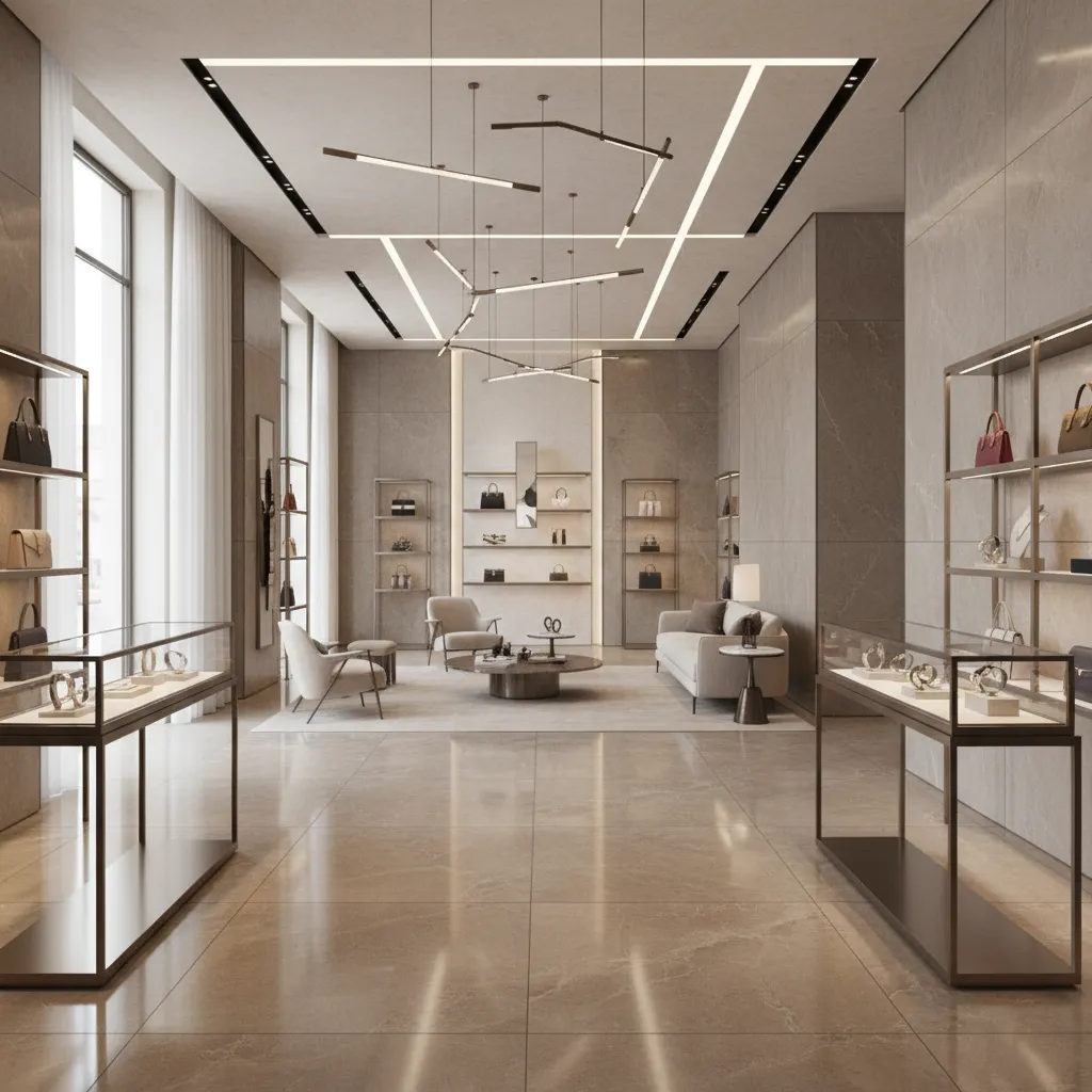 Luxury retail store interior with seamless large format tile flooring