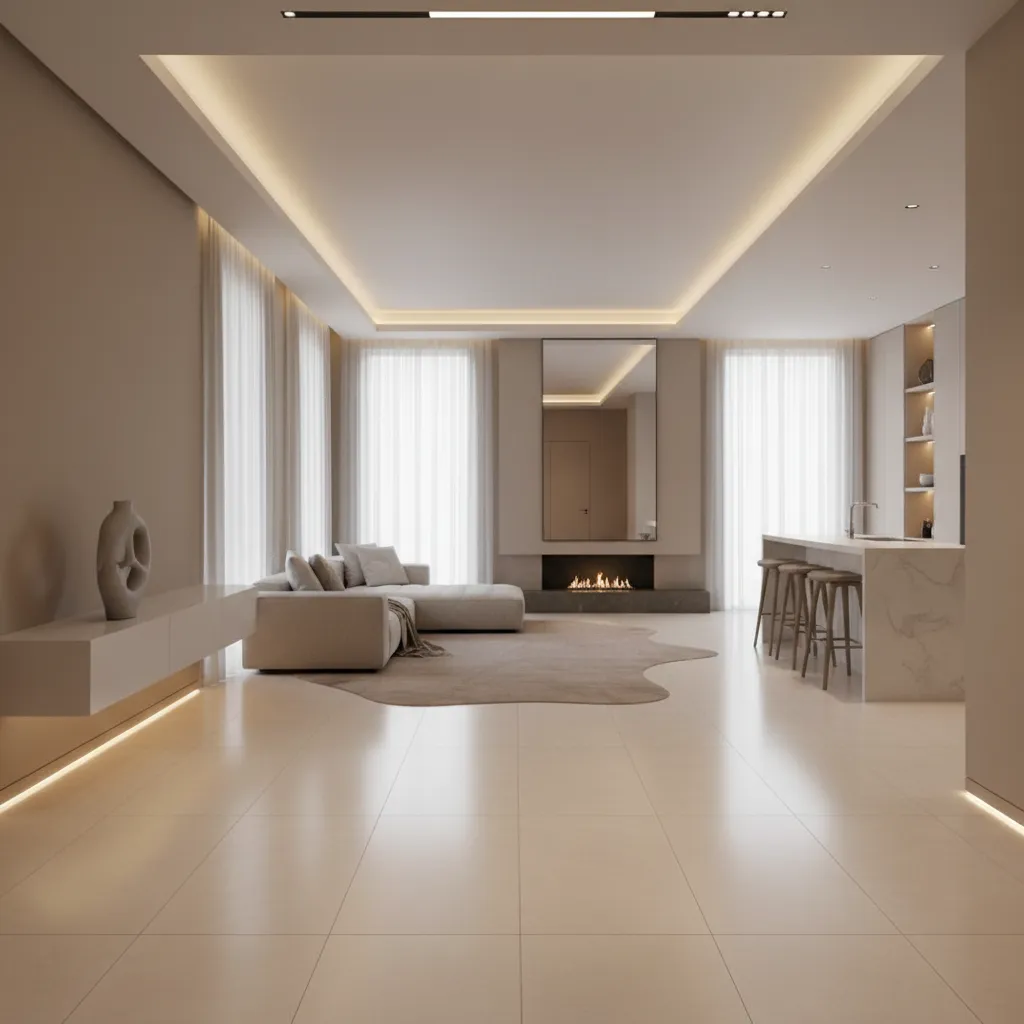 Lighting highlighting seamless tile flooring in modern interior