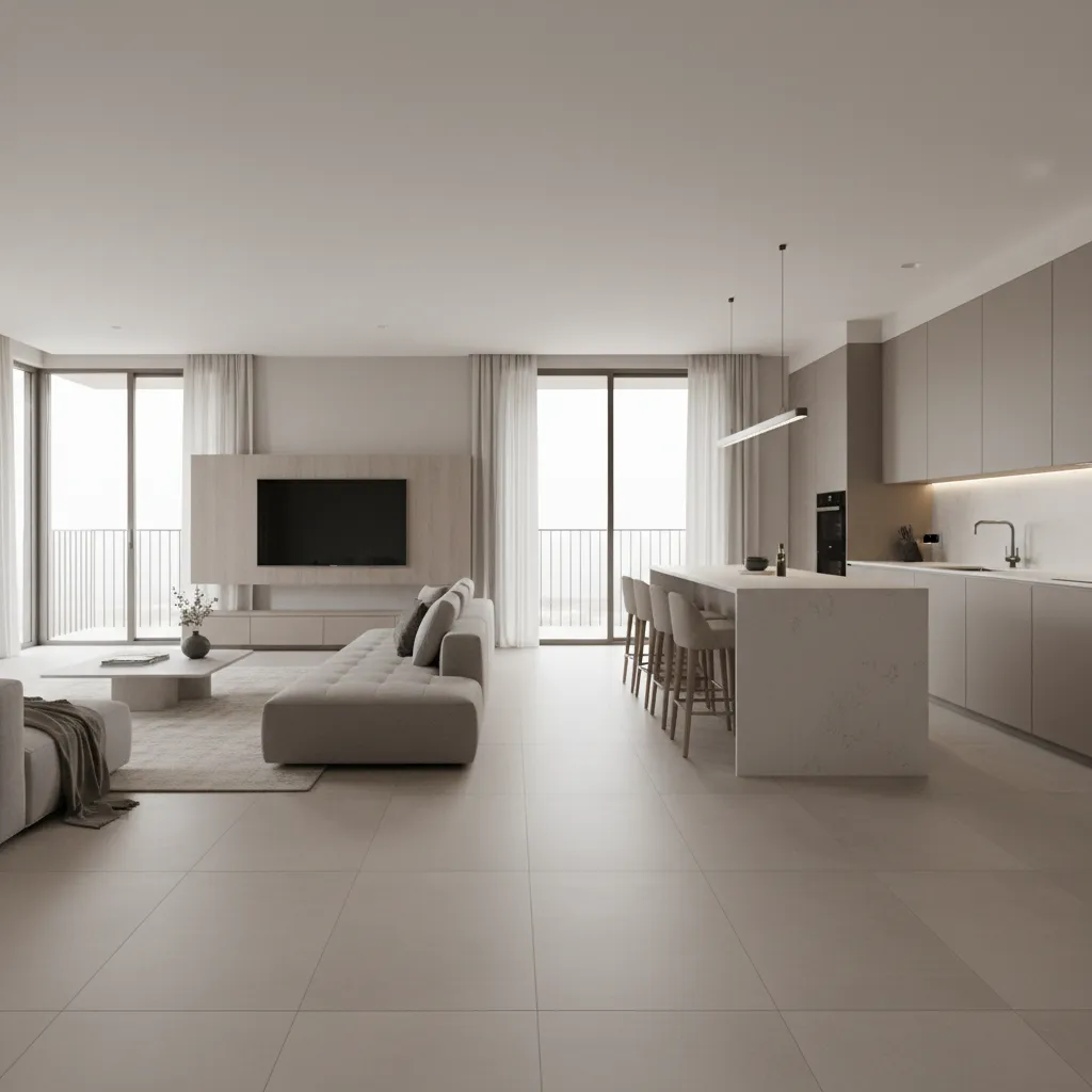 Open plan living space featuring seamless large format tile flooring