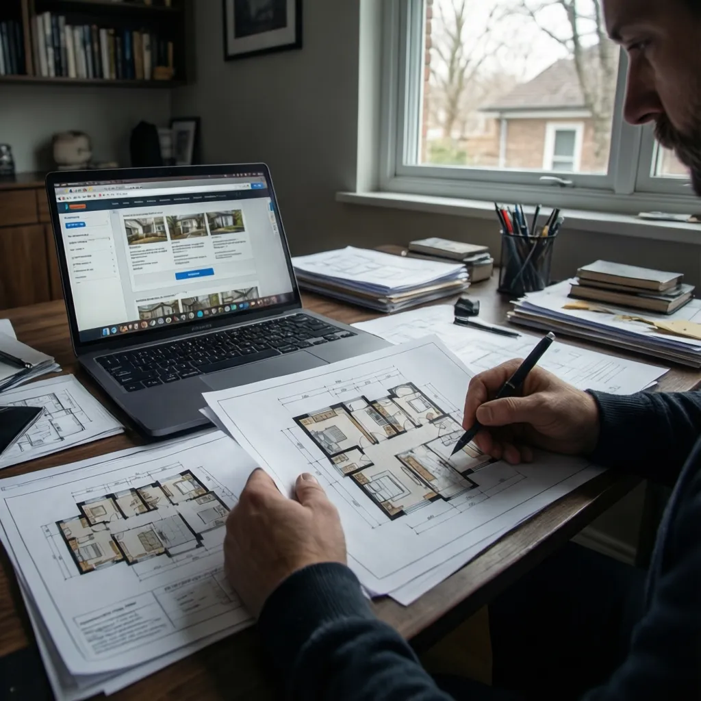 Homeowner reviewing old property documents and floor plans on a desk