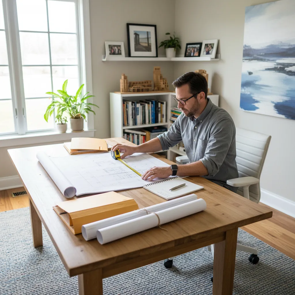 Homeowner searching through folders and documents for missing house blueprints