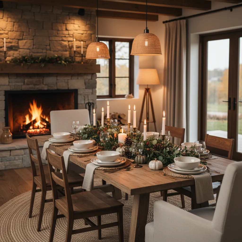 Seasonal dining table decor with natural textures candles and decorative objects
