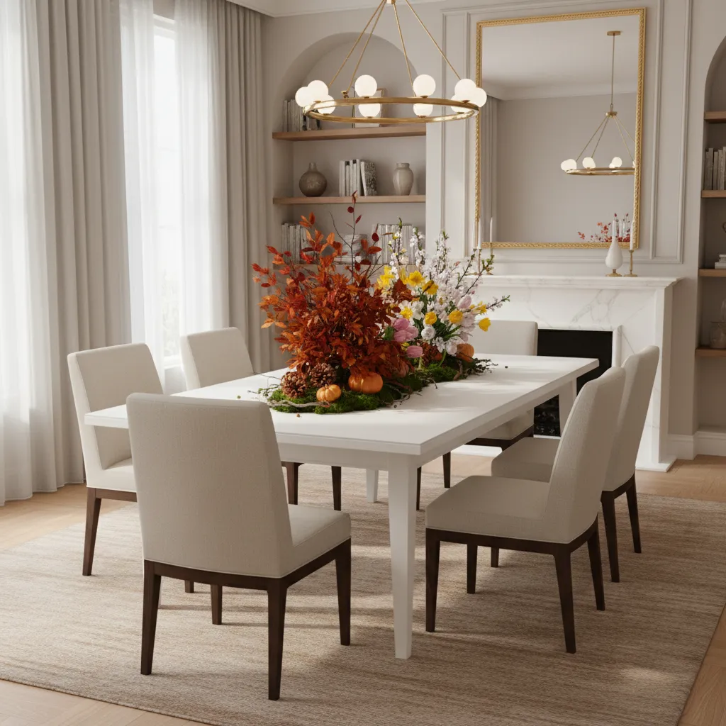 Seasonal decor variations on a white dining table with autumn and spring accents