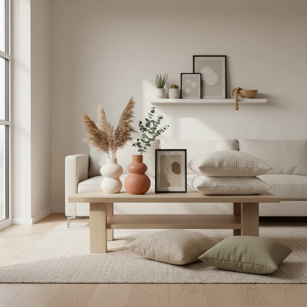 Seasonal home decor arrangement with vases, throw pillows, and table accents